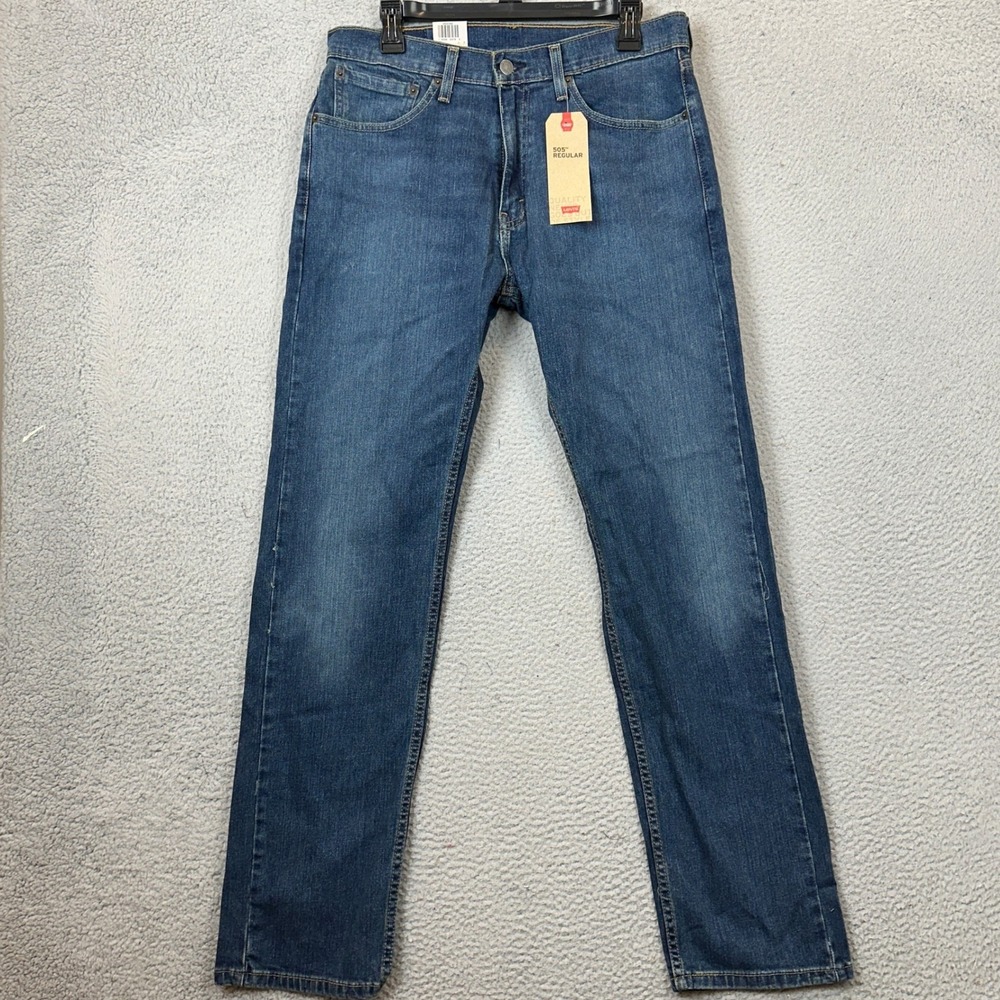 NEW Levis 505 Jeans Men 32X32 Regular Fit Blue Stretch Straight Distressed Denim